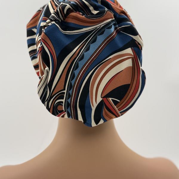 Handgemaakte chemo muts Bonnie bruin, blauw maat M