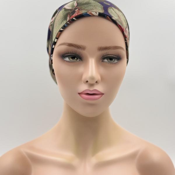 Handgemaakte chemo muts Bonnie bruin, blauw maat M