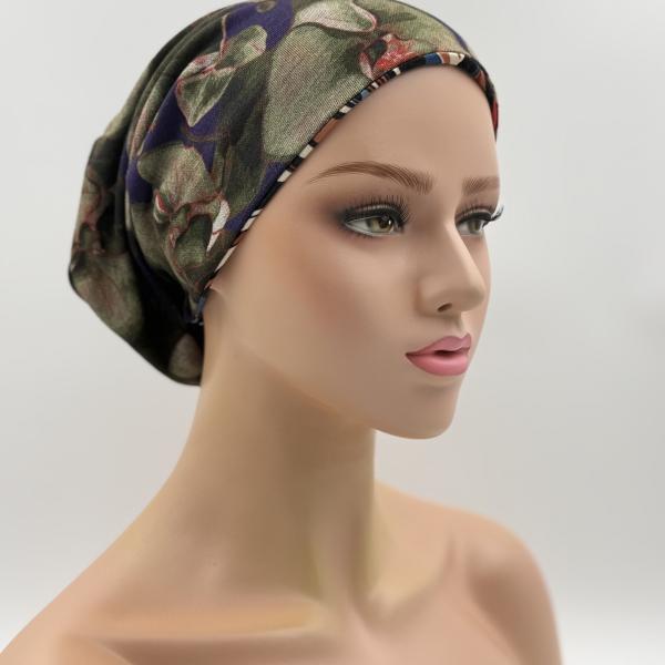 Handgemaakte chemo muts Bonnie bruin, blauw maat M