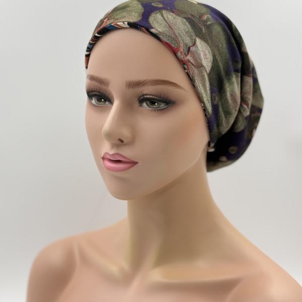 Handgemaakte chemo muts Bonnie bruin, blauw maat M