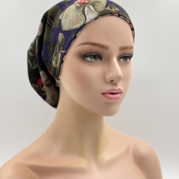 Handgemaakte chemo muts Bonnie wit, gebloemd maat L