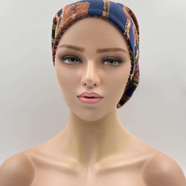 Handgemaakte chemo muts Bonnie lila, donker blauw maat M