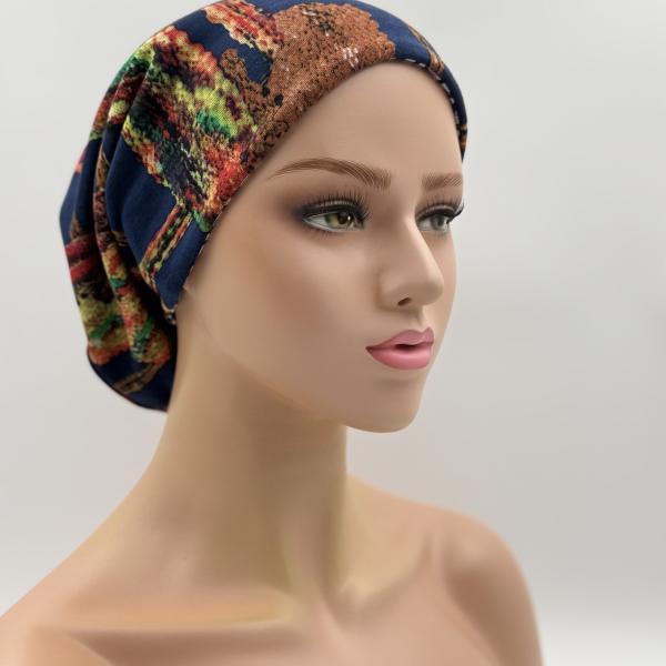 Handgemaakte chemo muts Bonnie lila, donker blauw maat M