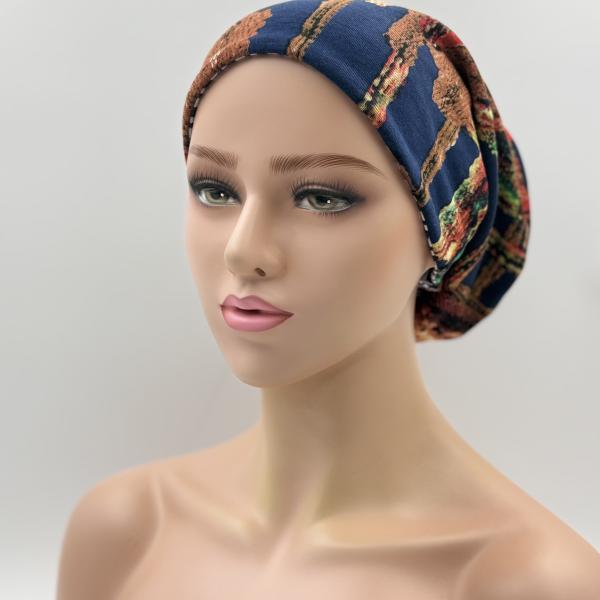 Handgemaakte chemo muts Bonnie lila, donker blauw maat M