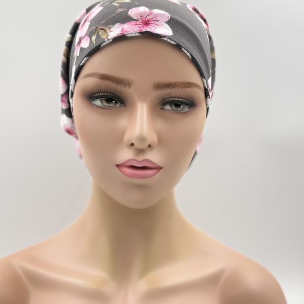 Handgemaakte chemo muts Bonnie zig zag, bloem maat L