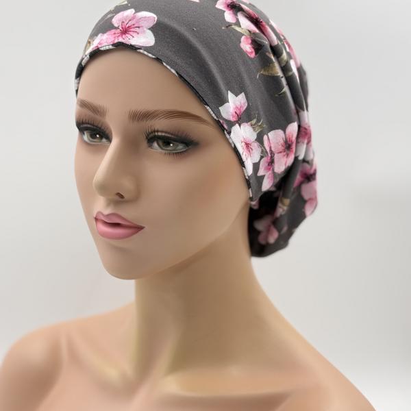 Handgemaakte chemo muts Bonnie zig zag, bloem maat L