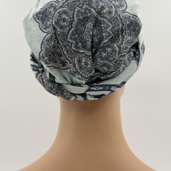 Handgemaakte chemo muts Brina blauw wit maat L