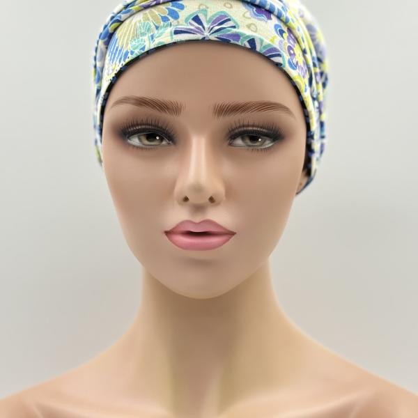 Handgemaakte chemo muts Brina kobalt wit/groen maat L