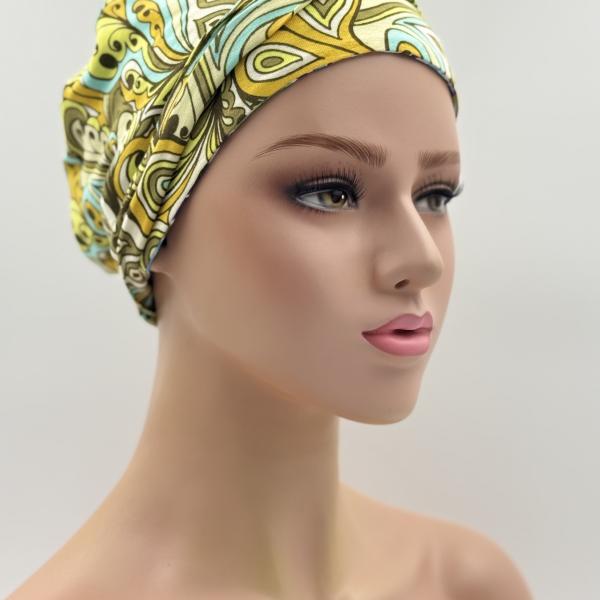 Handgemaakte chemo muts Brina groen blauw maat L