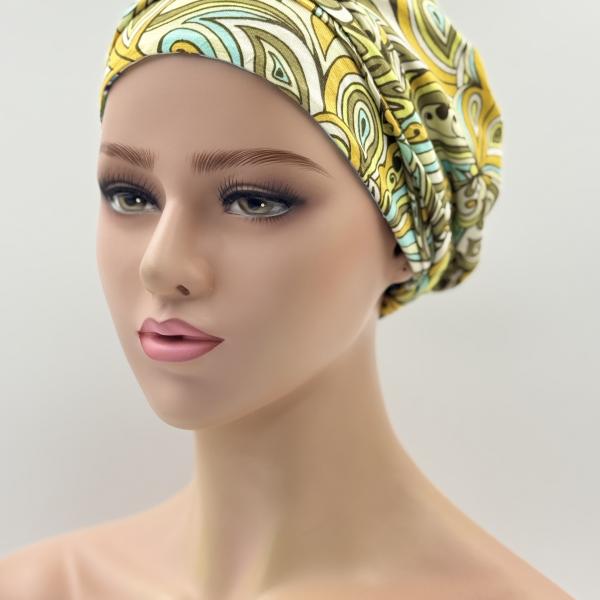 Handgemaakte chemo muts Brina groen blauw maat L