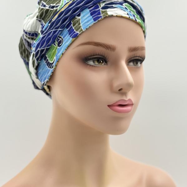 Handgemaakte chemo muts Brina groen blauw maat L