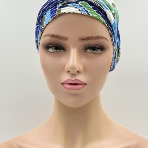Handgemaakte chemo muts Brina groen blauw maat L